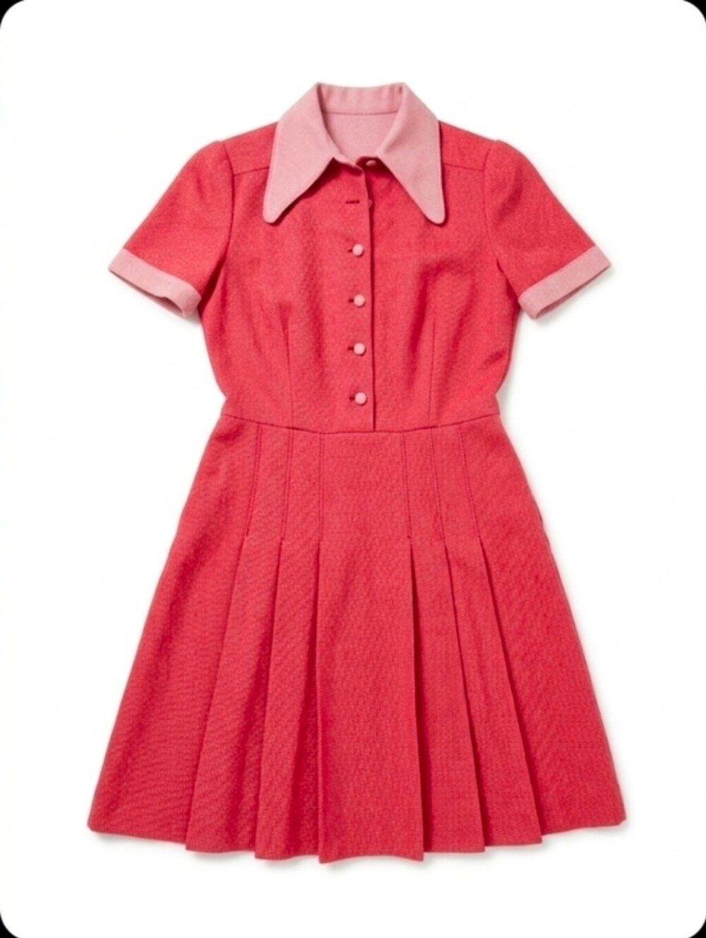 VINTAGE 70s Handmade Pink Mod Mini Dress 💖 Dagger Collar Pleated Disco. Size S